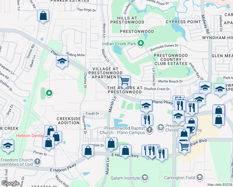 map of restaurants, bars, coffee shops, grocery stores, and more near Marsh Ln & Plano Pkwy in Plano