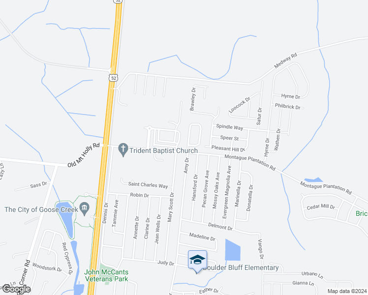map of restaurants, bars, coffee shops, grocery stores, and more near 104 Kirkland Street in Goose Creek