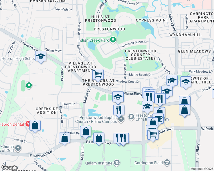 map of restaurants, bars, coffee shops, grocery stores, and more near 2409 Vista Point Drive in Plano