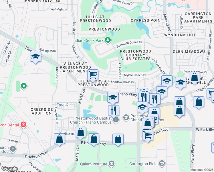 map of restaurants, bars, coffee shops, grocery stores, and more near 6721 Waterway Court in Plano