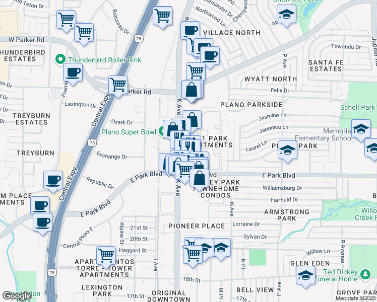 map of restaurants, bars, coffee shops, grocery stores, and more near 2600 Dobie Drive in Plano
