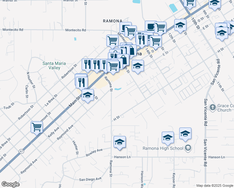 map of restaurants, bars, coffee shops, grocery stores, and more near 601 16th Street in Ramona