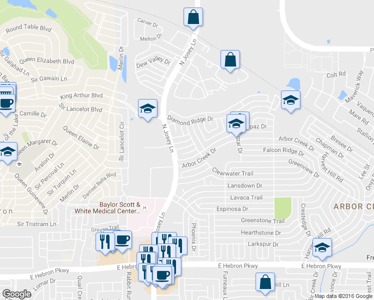map of restaurants, bars, coffee shops, grocery stores, and more near 1907 Diamond Cluster in Carrollton