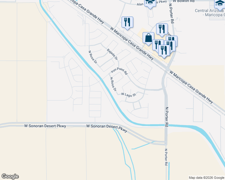 map of restaurants, bars, coffee shops, grocery stores, and more near 16970 North Rosa Drive in Maricopa