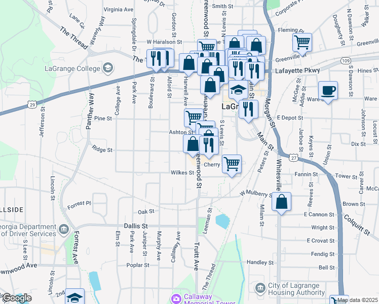 map of restaurants, bars, coffee shops, grocery stores, and more near 415 Harwell Avenue in LaGrange