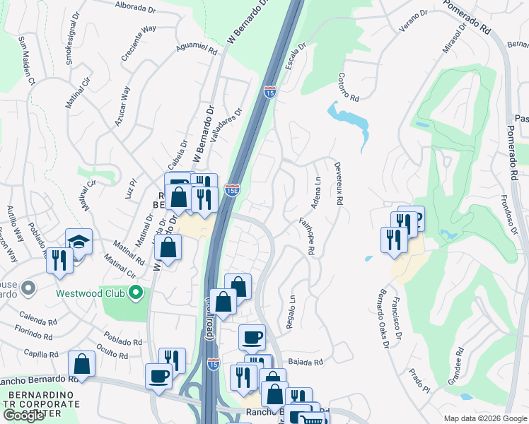 map of restaurants, bars, coffee shops, grocery stores, and more near 11875 Caminito Ronaldo in San Diego