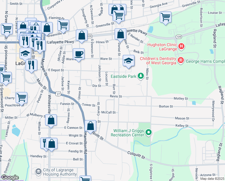 map of restaurants, bars, coffee shops, grocery stores, and more near 204 Burr Street in LaGrange