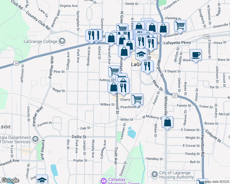 map of restaurants, bars, coffee shops, grocery stores, and more near 415 Harwell Avenue in LaGrange