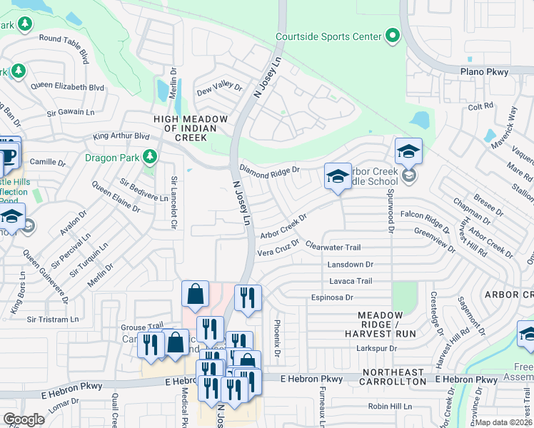 map of restaurants, bars, coffee shops, grocery stores, and more near 1907 Diamond Cluster in Carrollton