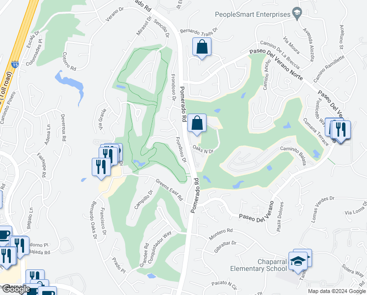 map of restaurants, bars, coffee shops, grocery stores, and more near 17587 Frondoso Drive in San Diego