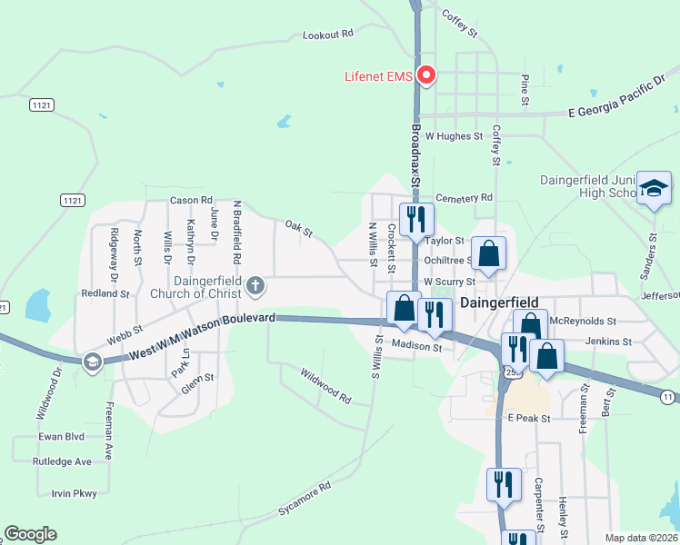 map of restaurants, bars, coffee shops, grocery stores, and more near 800 Webb Street in Daingerfield