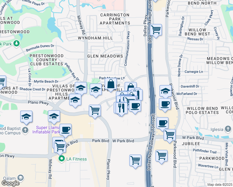 map of restaurants, bars, coffee shops, grocery stores, and more near 6205 Chapel Hill Boulevard in Plano