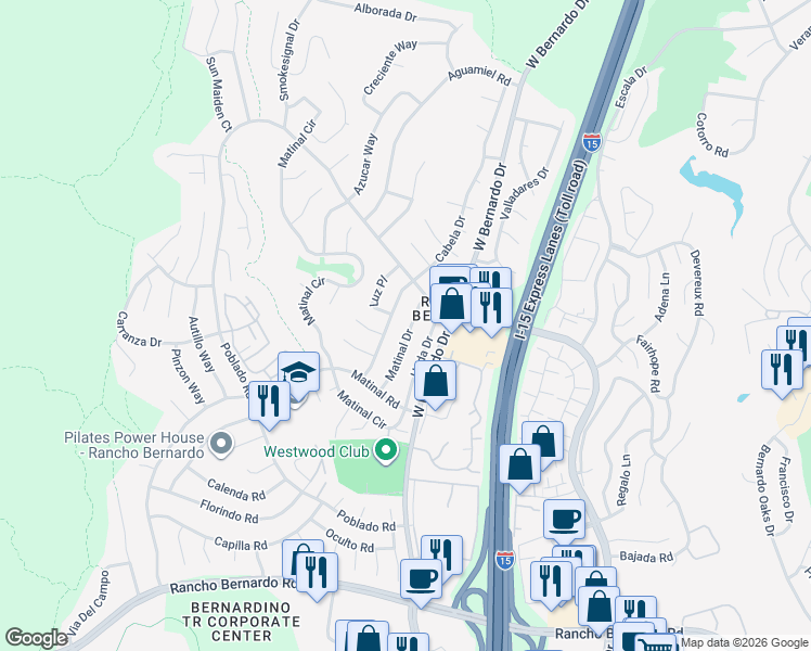 map of restaurants, bars, coffee shops, grocery stores, and more near 17570 Matinal Drive in San Diego
