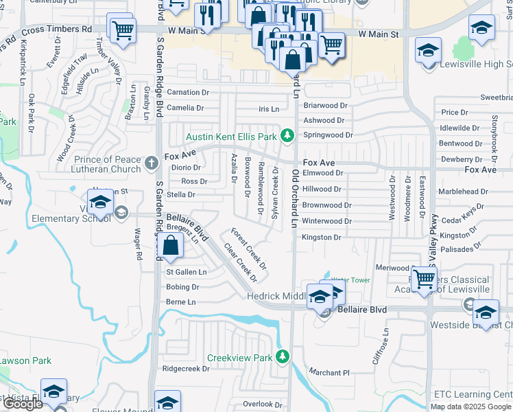 map of restaurants, bars, coffee shops, grocery stores, and more near 944 Ramblewood Drive in Lewisville