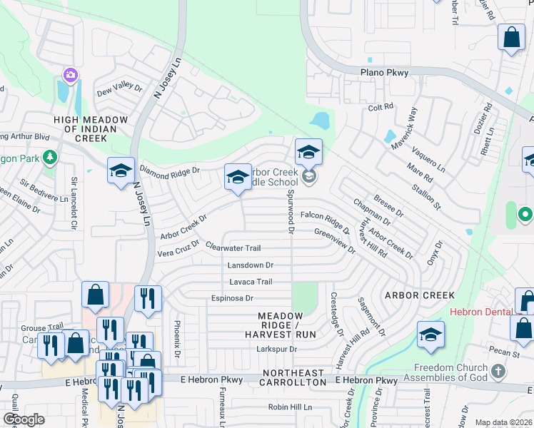 map of restaurants, bars, coffee shops, grocery stores, and more near 2025 Falcon Ridge Drive in Carrollton