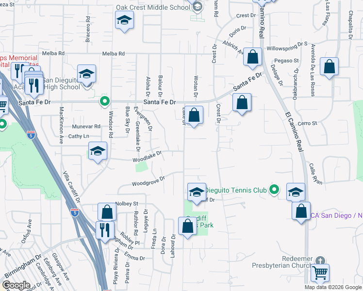 map of restaurants, bars, coffee shops, grocery stores, and more near 1386 Lake Drive in Encinitas