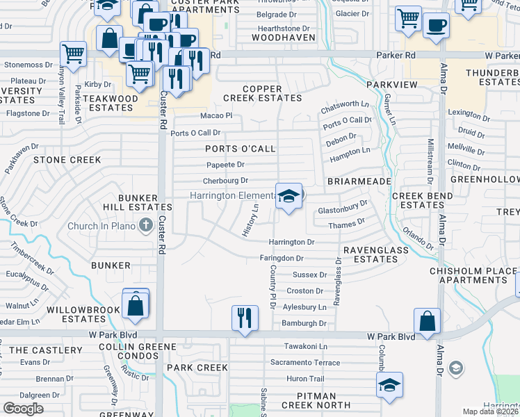 map of restaurants, bars, coffee shops, grocery stores, and more near 2560 History Lane in Plano