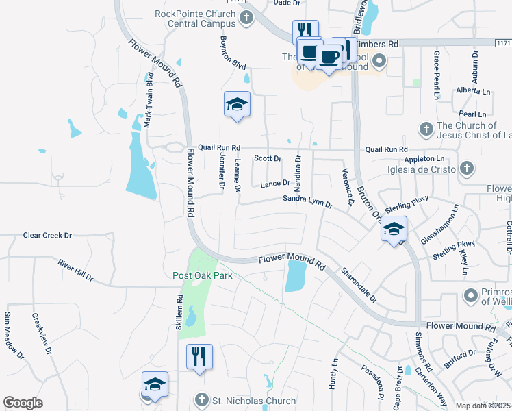 map of restaurants, bars, coffee shops, grocery stores, and more near 4521 Sandra Lynn Drive in Flower Mound