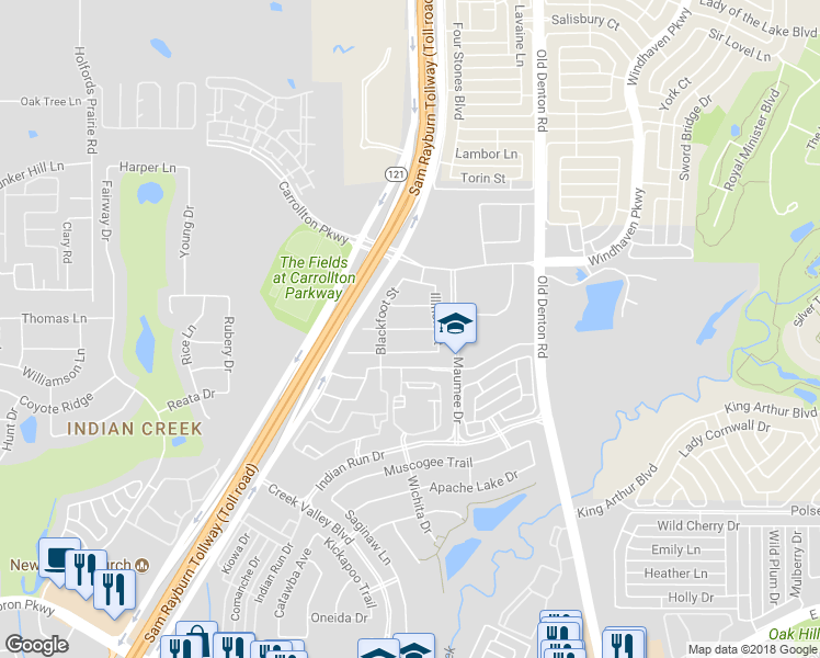 map of restaurants, bars, coffee shops, grocery stores, and more near Sioux Street in Carrollton