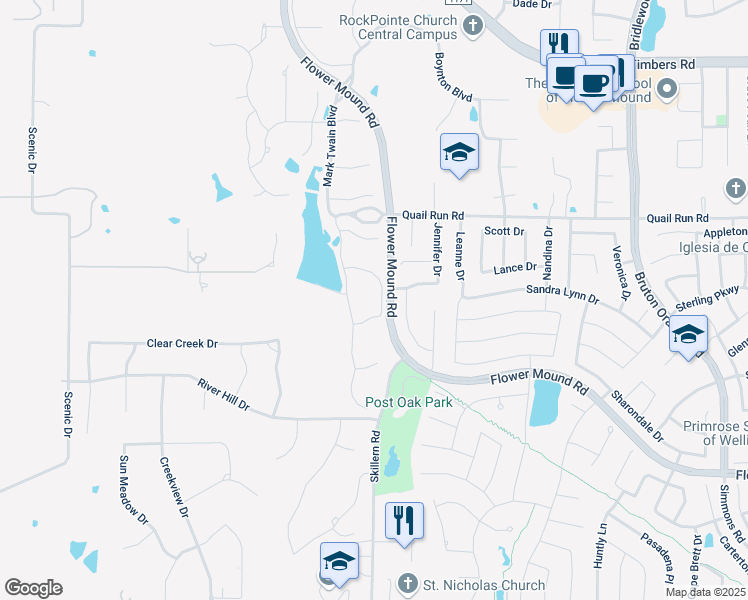 map of restaurants, bars, coffee shops, grocery stores, and more near 3405 Faulkner Drive in Flower Mound