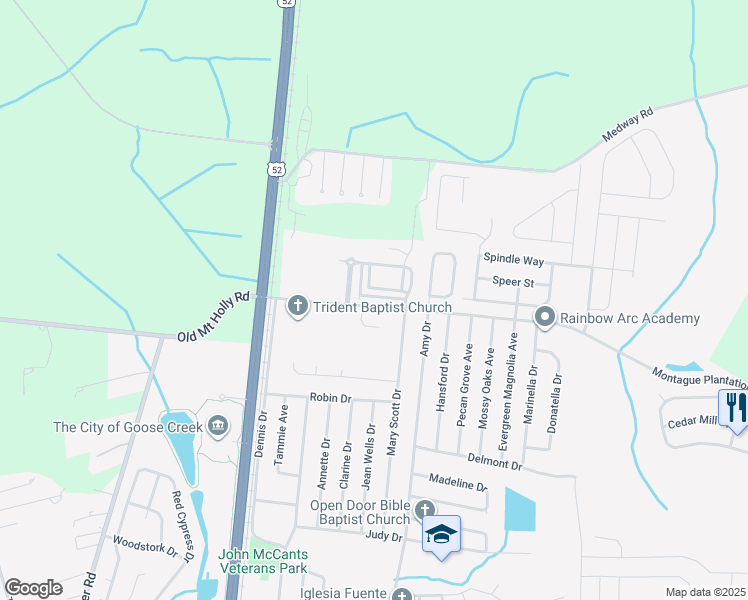 map of restaurants, bars, coffee shops, grocery stores, and more near 433 Viceroy Lane in Goose Creek