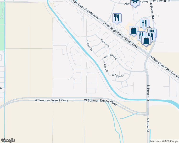 map of restaurants, bars, coffee shops, grocery stores, and more near 17170 North Rosa Drive in Maricopa