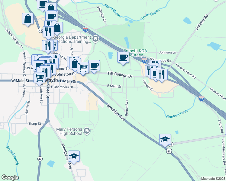 map of restaurants, bars, coffee shops, grocery stores, and more near 32 Dungan Street in Forsyth