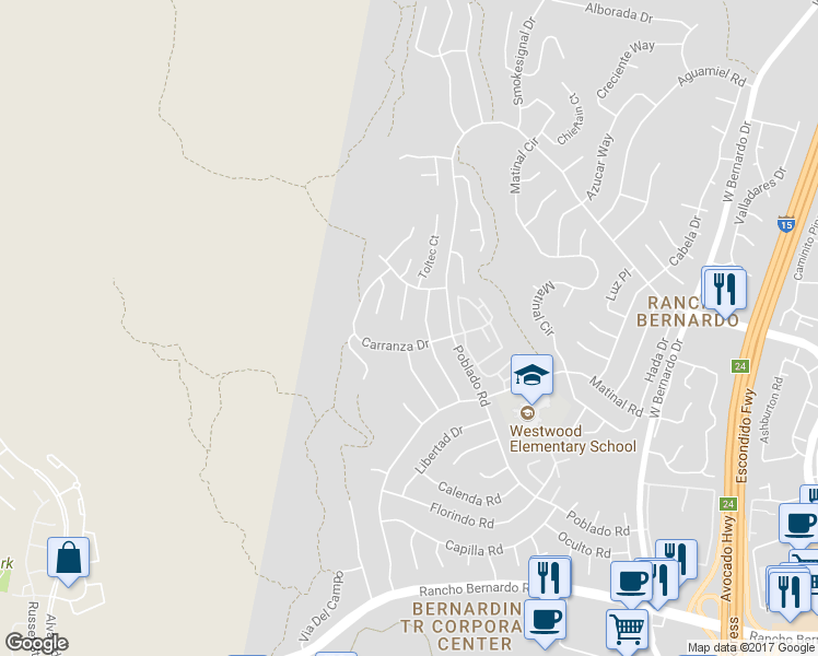 map of restaurants, bars, coffee shops, grocery stores, and more near 17725 Pennacook Court in San Diego