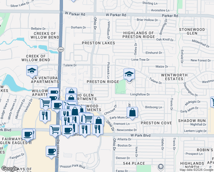 map of restaurants, bars, coffee shops, grocery stores, and more near 4600 Centenary Drive in Plano