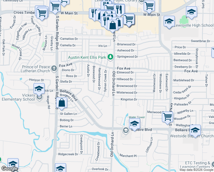 map of restaurants, bars, coffee shops, grocery stores, and more near 940 Sylvan Creek Drive in Lewisville