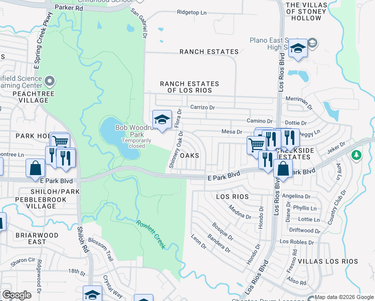 map of restaurants, bars, coffee shops, grocery stores, and more near 2336 Dyers Oak Drive in Plano