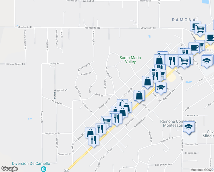 map of restaurants, bars, coffee shops, grocery stores, and more near 133 Carlin Street in Ramona