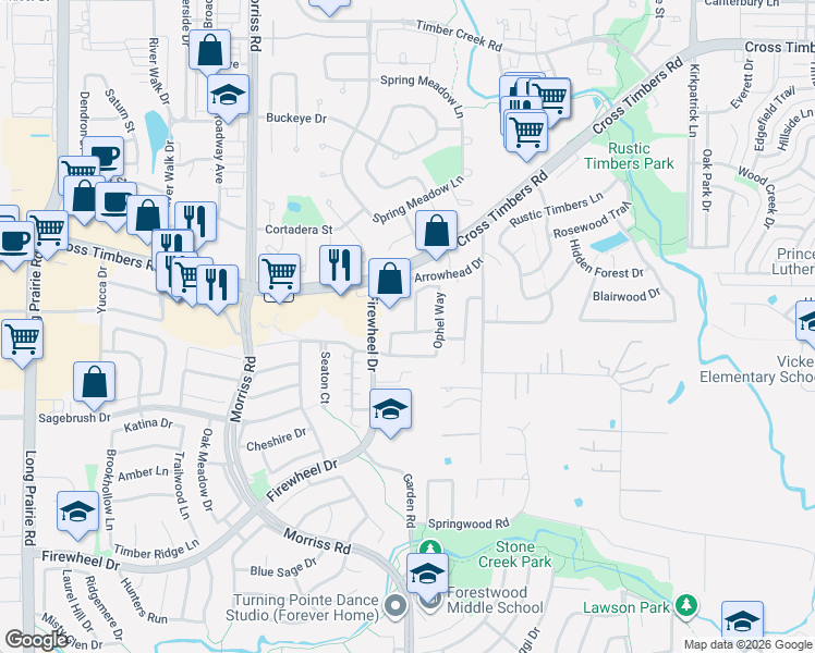 map of restaurants, bars, coffee shops, grocery stores, and more near 3501 Sutton Drive in Flower Mound