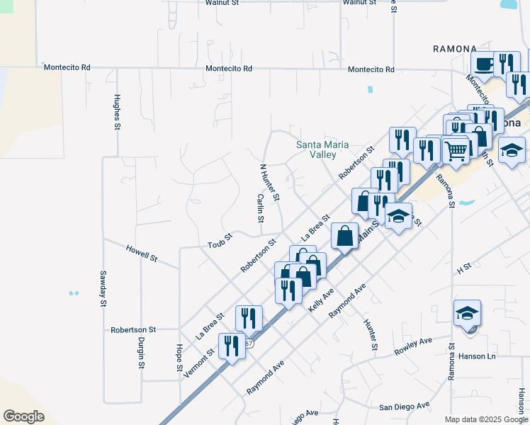 map of restaurants, bars, coffee shops, grocery stores, and more near 133 Carlin Street in Ramona