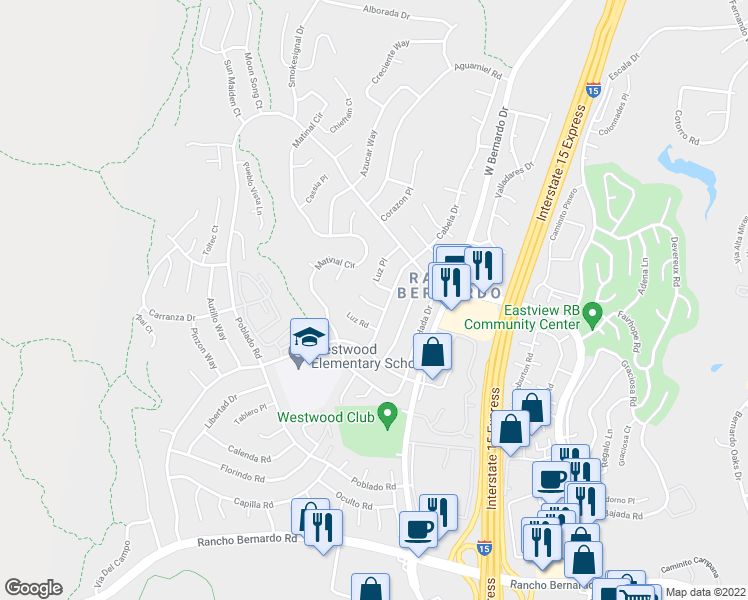 map of restaurants, bars, coffee shops, grocery stores, and more near 11470 Cabela Place in San Diego