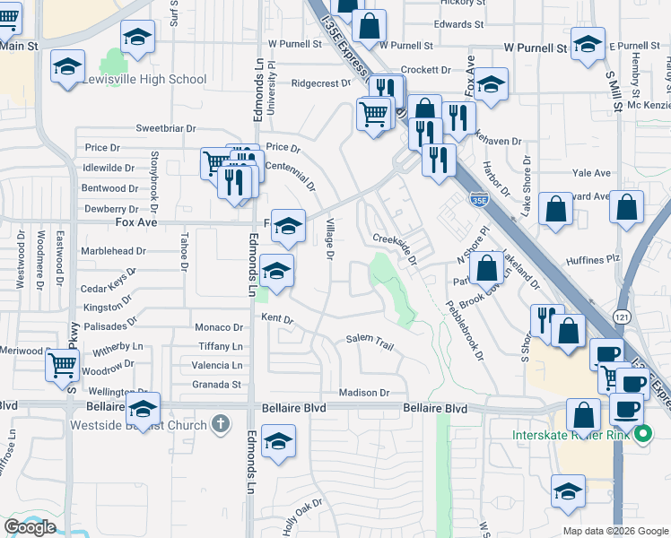 map of restaurants, bars, coffee shops, grocery stores, and more near 231 Village Drive in Lewisville