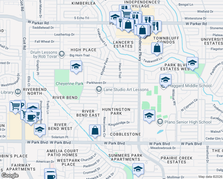 map of restaurants, bars, coffee shops, grocery stores, and more near 3460 Sheffield Circle in Plano