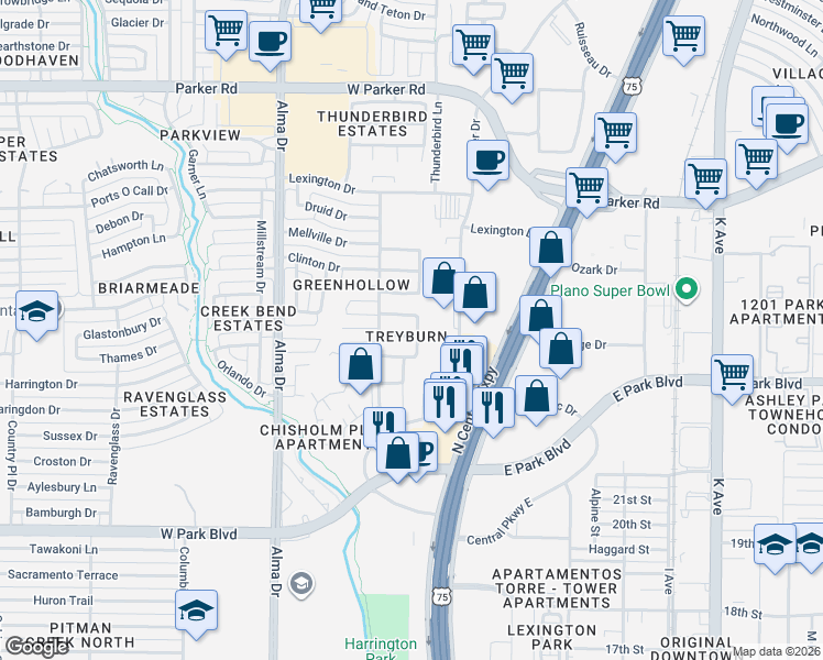map of restaurants, bars, coffee shops, grocery stores, and more near 801 Ashburn Place in Plano