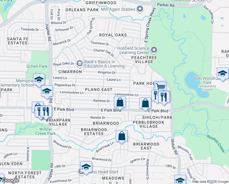 map of restaurants, bars, coffee shops, grocery stores, and more near 2911 Lemmontree Lane in Plano