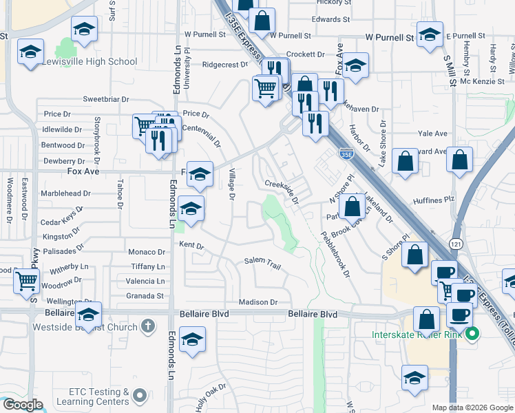 map of restaurants, bars, coffee shops, grocery stores, and more near 240 Wildfire Drive in Lewisville