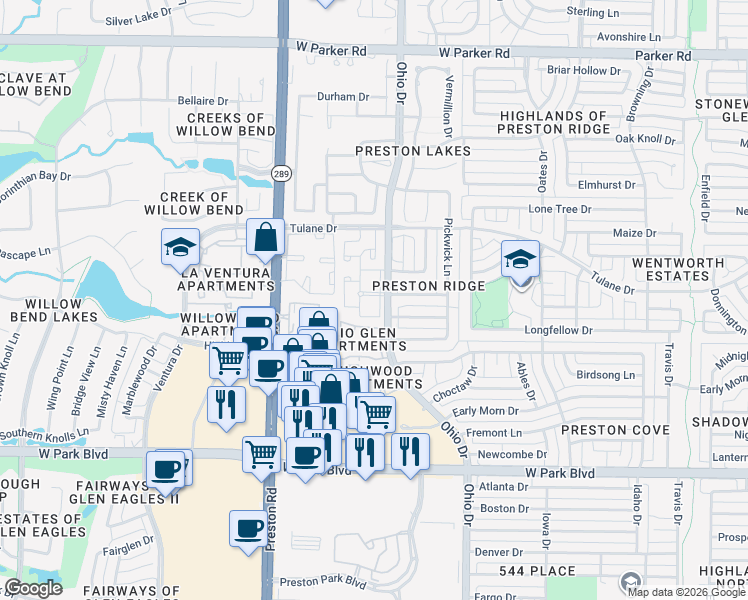 map of restaurants, bars, coffee shops, grocery stores, and more near 2523 Ohio Drive in Plano