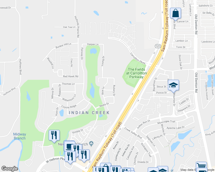 map of restaurants, bars, coffee shops, grocery stores, and more near 4344 Rice Lane in Carrollton