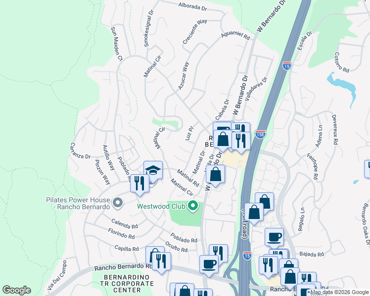 map of restaurants, bars, coffee shops, grocery stores, and more near 11470 Cabela Place in San Diego