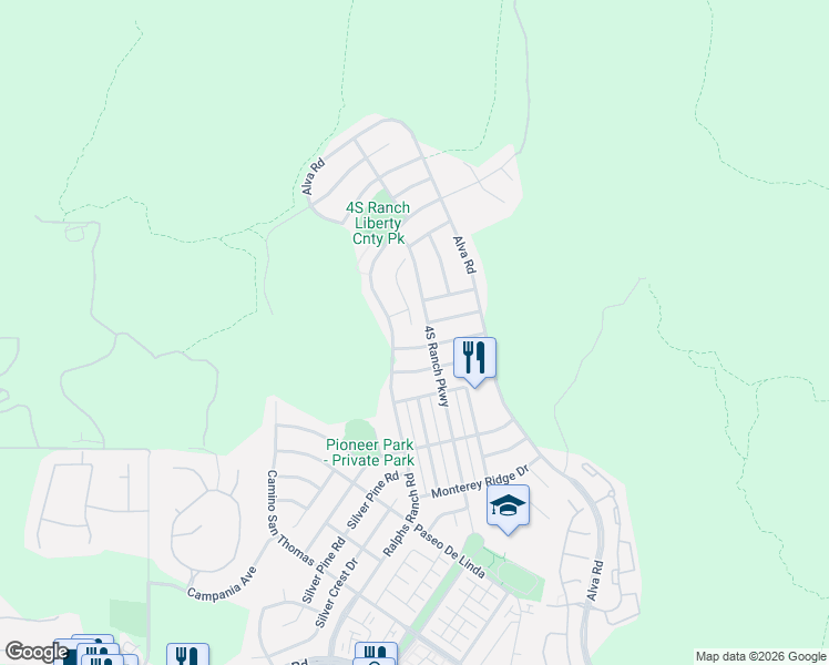 map of restaurants, bars, coffee shops, grocery stores, and more near 17414 Teal Stone Court in San Diego
