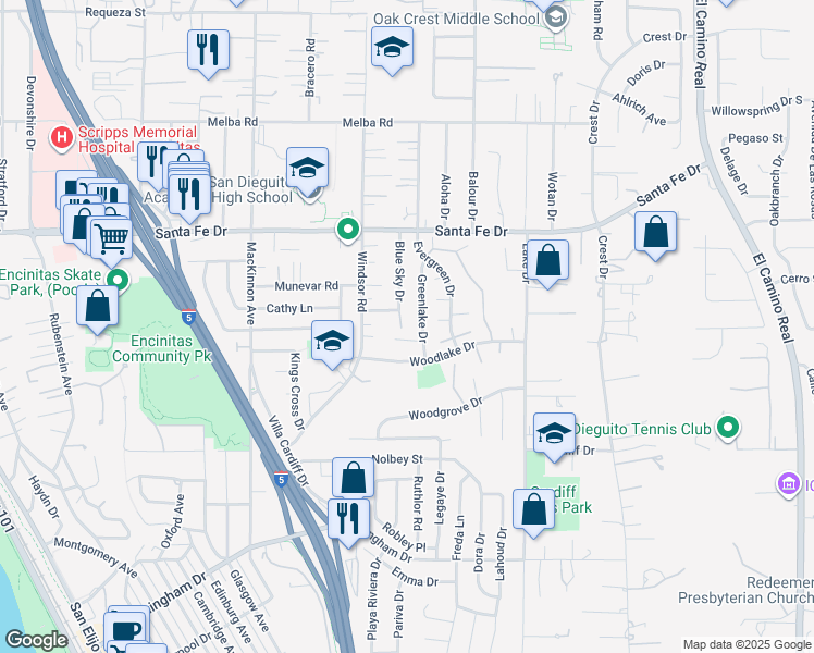 map of restaurants, bars, coffee shops, grocery stores, and more near 938 Greenlake Court in Encinitas