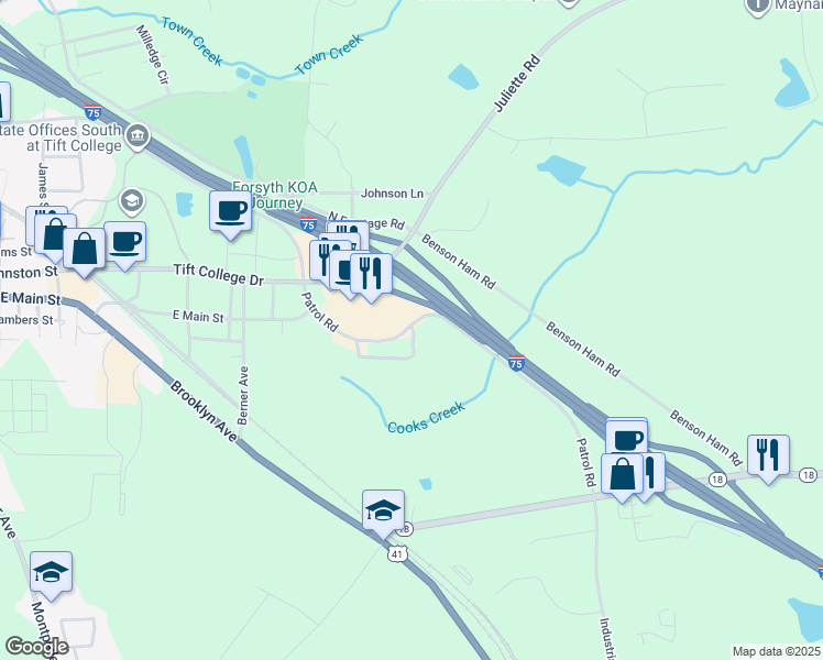 map of restaurants, bars, coffee shops, grocery stores, and more near 520 Holiday Circle in Forsyth