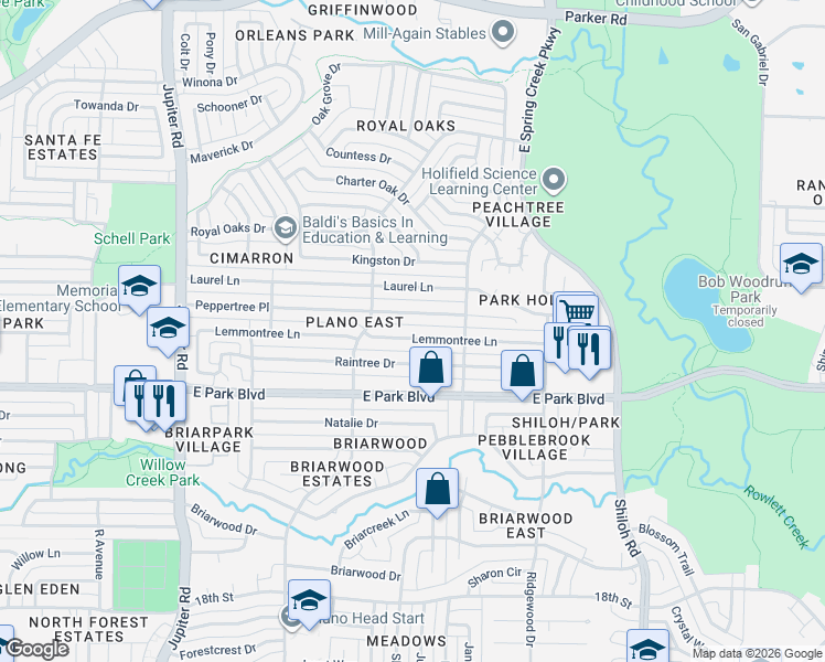 map of restaurants, bars, coffee shops, grocery stores, and more near 2911 Lemmontree Lane in Plano