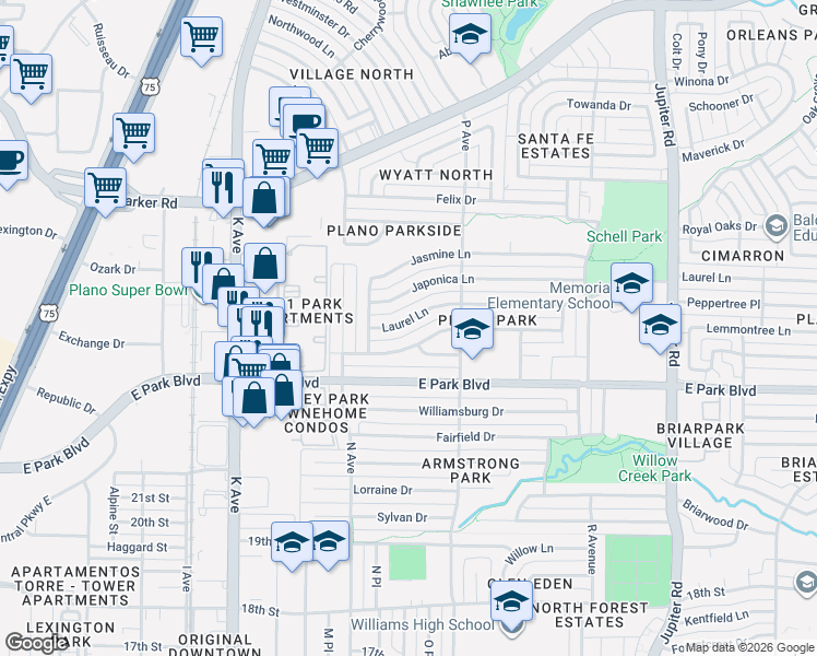 map of restaurants, bars, coffee shops, grocery stores, and more near 1504 Laurel Lane in Plano