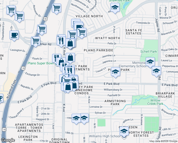 map of restaurants, bars, coffee shops, grocery stores, and more near 2612 N Avenue in Plano