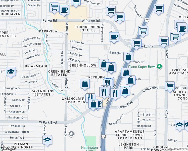 map of restaurants, bars, coffee shops, grocery stores, and more near 801 Ashburn Place in Plano